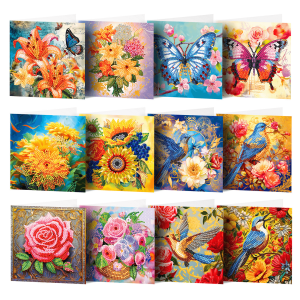 Diamond Painting Kaarten (12) – Bloemen, vogels en dieren – Set 3