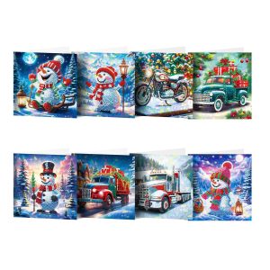 Diamond Painting Kerstkaarten – 8 stuks – Set 6 – Sneeuwpoppen en Voertuigen