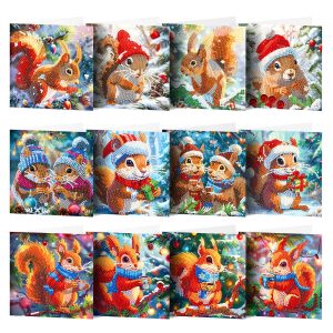 Diamond Painting Kerstkaarten – 12 stuks – Set 10 – Winterse Eekhoorns
