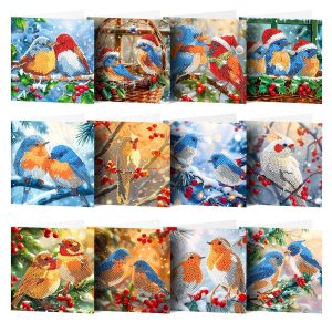 Diamond Painting Kerstkaarten – 12 stuks – Set 11 – Winterse Vogels