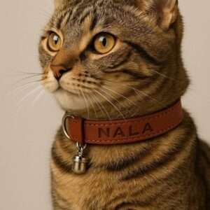 Gepersonaliseerde luxe bruin leren kattenhalsband 15mm breed met bel