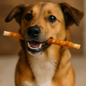 Kip met runderhuidsticks