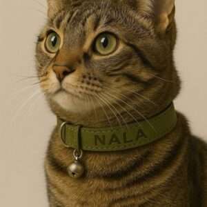 Gepersonaliseerde luxe olijfgroen leren kattenhalsband 15mm breed met bel