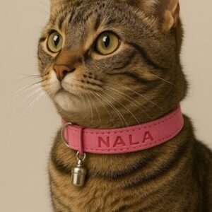 Gepersonaliseerde luxe roze leren kattenhalsband 15mm breed met bel
