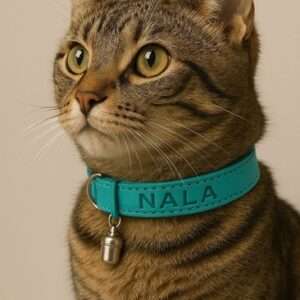 Gepersonaliseerde luxe turquoise leren kattenhalsband 15mm breed met bel